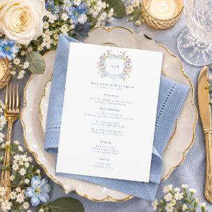 Elegant Dusty Blue Pastel Wildflower Crest Wedding Menu