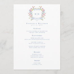 Elegant Dusty Blue Pastel Wildflower Crest Wedding Menu