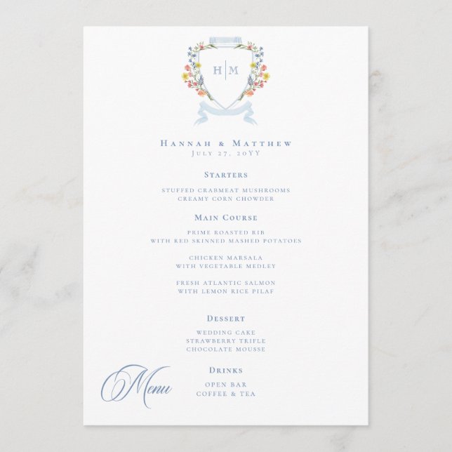 Elegant Dusty Blue Pastel Wildflower Crest Wedding Menu (Front)