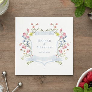 Elegant Dusty Blue Pastel Wildflower Crest Wedding Napkin