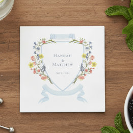 Elegant Dusty Blue Pastel Wildflower Crest Wedding Napkin