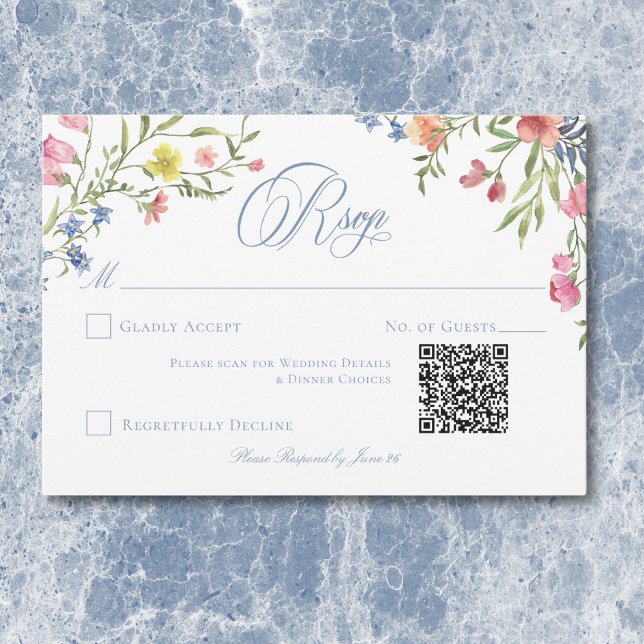 Elegant Dusty Blue Pastel Wildflower Crest Wedding RSVP Card (Elegant Dusty Blue Pastel Wildflower Crest Wedding RSVP Card)