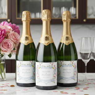 Elegant Dusty Blue Pastel Wildflower Crest Wedding Sparkling Wine Label