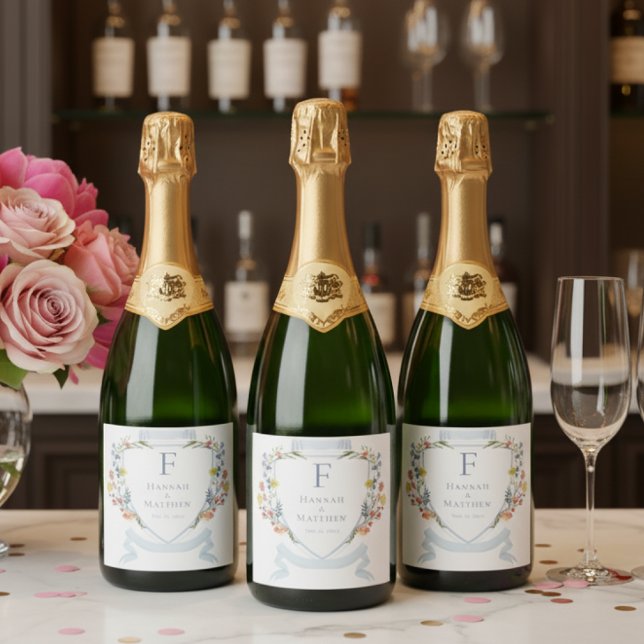 Elegant Dusty Blue Pastel Wildflower Crest Wedding Sparkling Wine Label (Creator Uploaded)