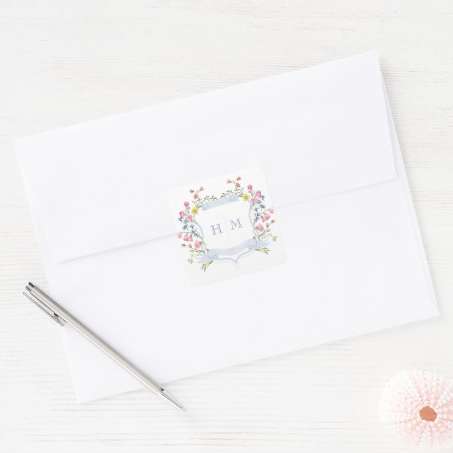 Elegant Dusty Blue Pastel Wildflower Crest Wedding Square Sticker (Envelope)