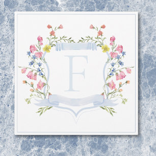 Elegant Dusty Blue Pastel Wildflower Crest Wedding Thank You Card
