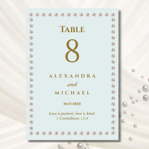 Elegant Dusty Blue Pearl Wedding  Table Number
