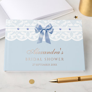 Elegant Dusty Blue Pearls Bow Lace Bridal Shower Guest Book