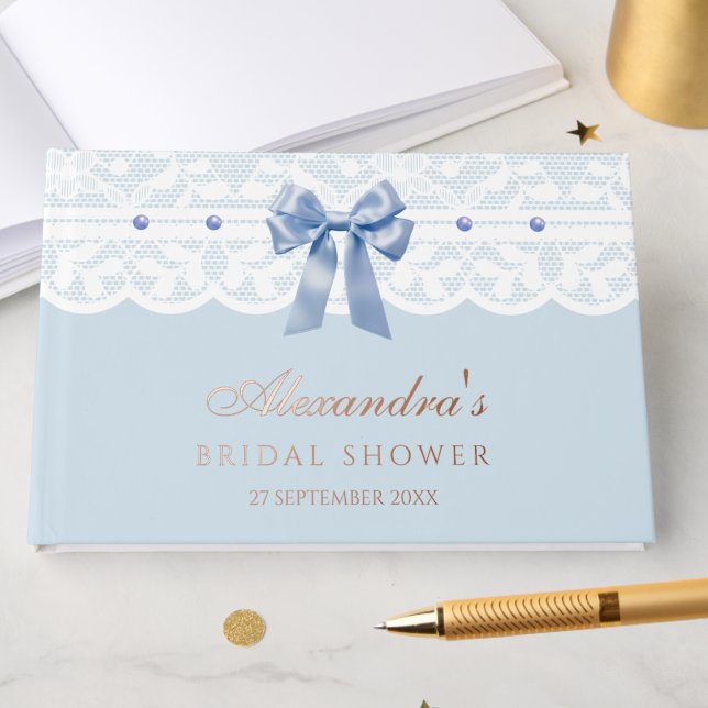 Elegant Dusty Blue Pearls Bow Lace Bridal Shower Guest Book (Creator Uploaded)