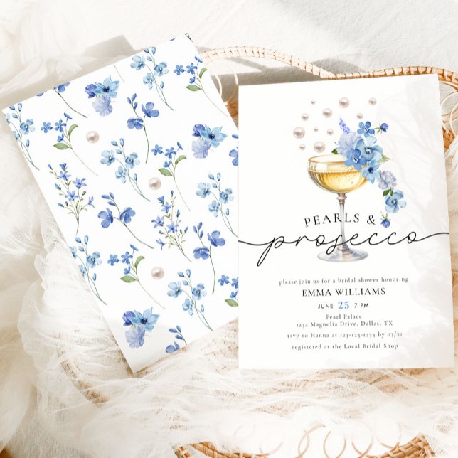 Elegant Dusty Blue Pearls & Prosecco Bridal Shower Invitation (Creator Uploaded)