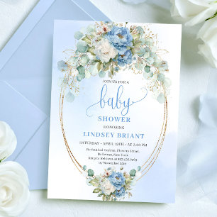 Elegant Dusty Blue Peonies Baby Shower Gold Invite