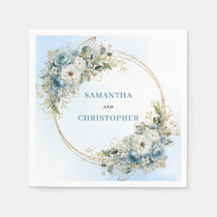 Elegant Dusty Blue Peonies Gold Wedding Napkins