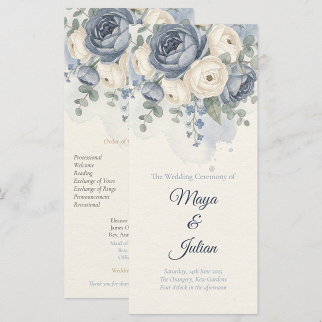Elegant Dusty Blue Peony French Floral Wedding Programme (Front/Back)