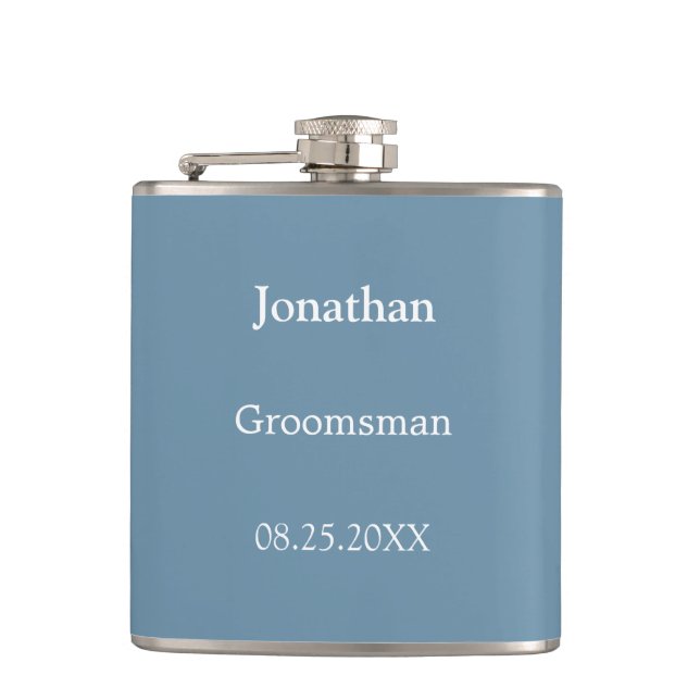 Elegant Dusty Blue Personalised Groomsman Flask (Front)