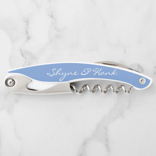 Elegant Dusty Blue Personalised Newlyweds Corkscrew (Front)