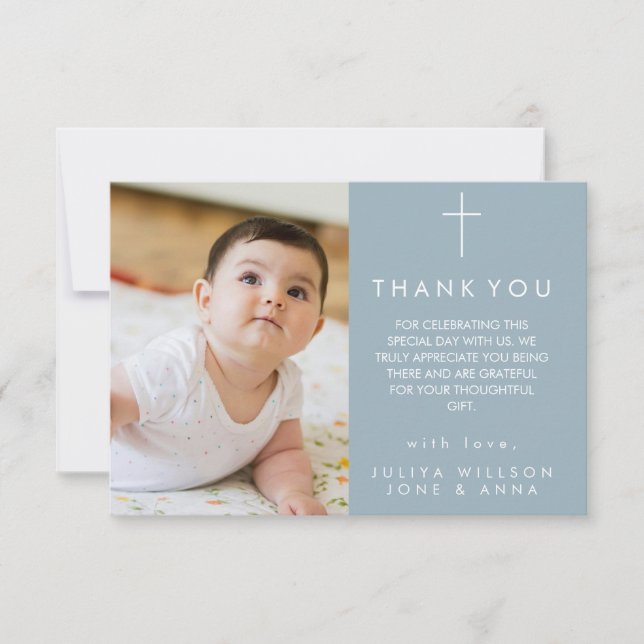 Elegant dusty blue Photo Baptism Thank You card (Front)