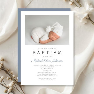 Elegant Dusty Blue Photo Boy Baptism Invitation
