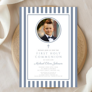 Elegant Dusty Blue Photo Boy First Communion Invitation