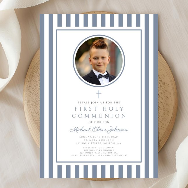 Elegant Dusty Blue Photo Boy First Communion Invitation (Elegant Dusty Blue Photo Boy First Communion Invitation)