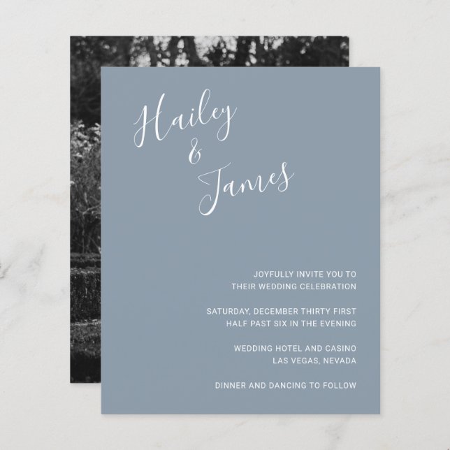 Elegant Dusty Blue Photo Budget Wedding Invite (Front/Back)
