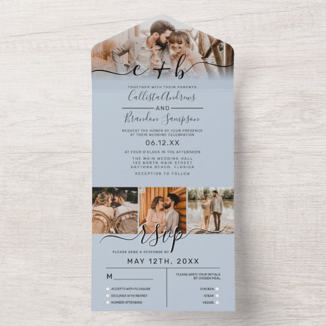 Elegant Dusty Blue Photo Monogram Wedding RSVP All In One Invitation (Inside)