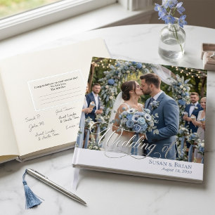 Elegant Dusty Blue Photo Silver Foil Wedding Guest Book