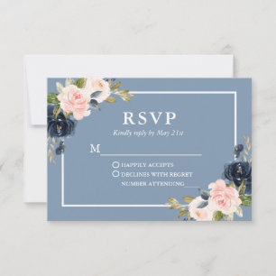 Elegant Dusty Blue Pink Blush Floral Wedding RSVP Card