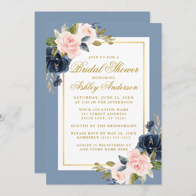 Elegant Dusty Blue Pink Floral Bridal Shower Gold Invitation (Front/Back)