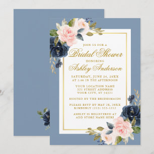 Elegant Dusty Blue Pink Floral Bridal Shower Gold Invitation