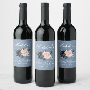 Elegant Dusty Blue Pink Floral Bridal Shower Wine Label