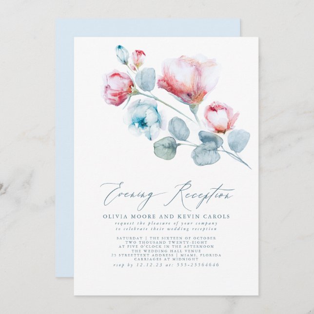 Elegant Dusty Blue Pink Floral Evening Reception Invitation (Front/Back)