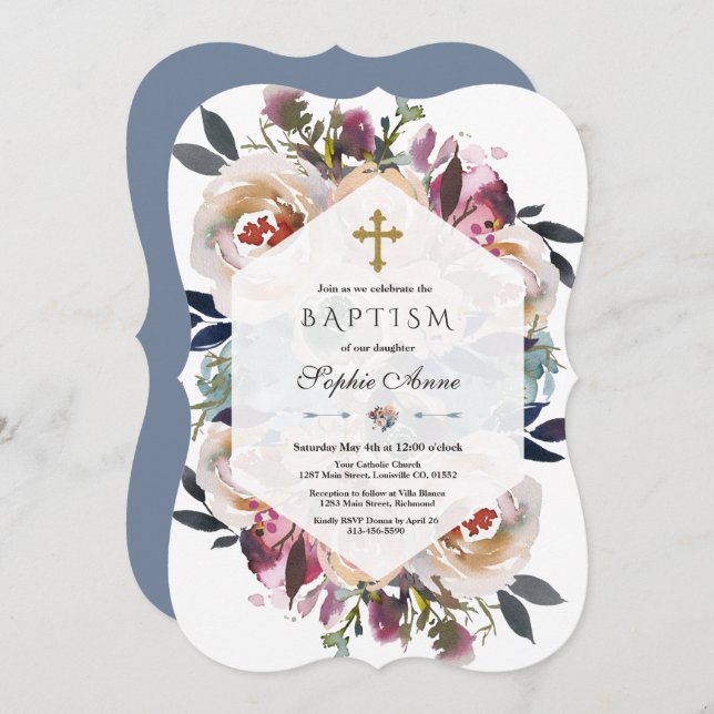 Elegant Dusty Blue Pink Floral Geometric Baptism Invitation (Front/Back)