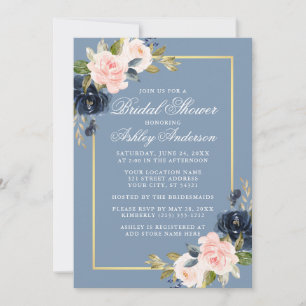 Elegant Dusty Blue Pink Floral Gold Bridal Shower Invitation