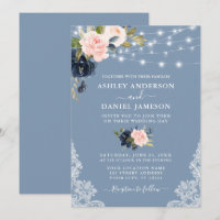 Elegant Dusty Blue Pink Floral Lights Lace Wedding