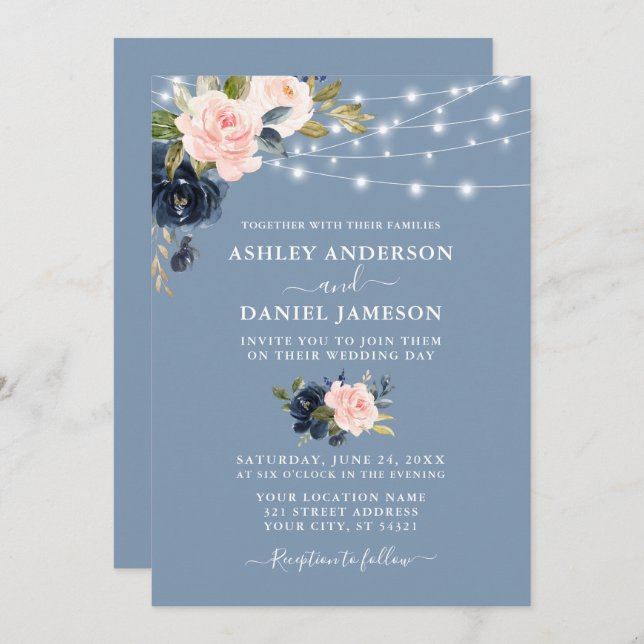 Elegant Dusty Blue Pink Floral Lights Wedding Invitation (Front/Back)