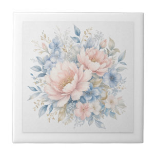 Elegant Dusty Blue Pink Floral Watercolor Art Tile