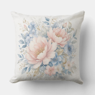 Elegant Dusty Blue Pink Floral Watercolor Cushion