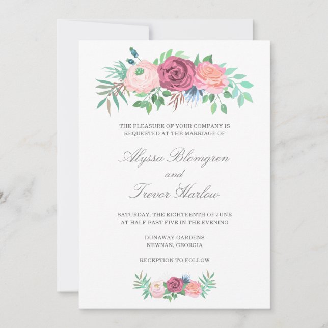 Elegant Dusty Blue Pink Floral Wedding Invitation (Front)