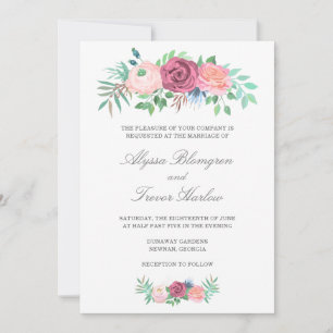 Elegant Dusty Blue Pink Floral Wedding Invitation