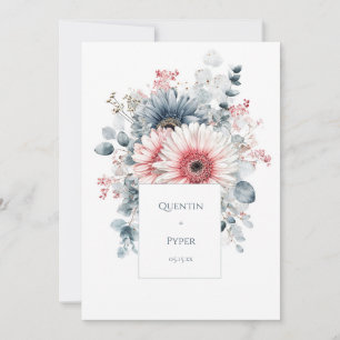 Elegant Dusty Blue Pink Gerbera Daisy Watercolor Invitation