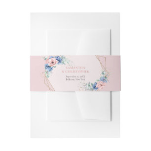 Elegant dusty blue pink watercolor floral gold invitation belly band