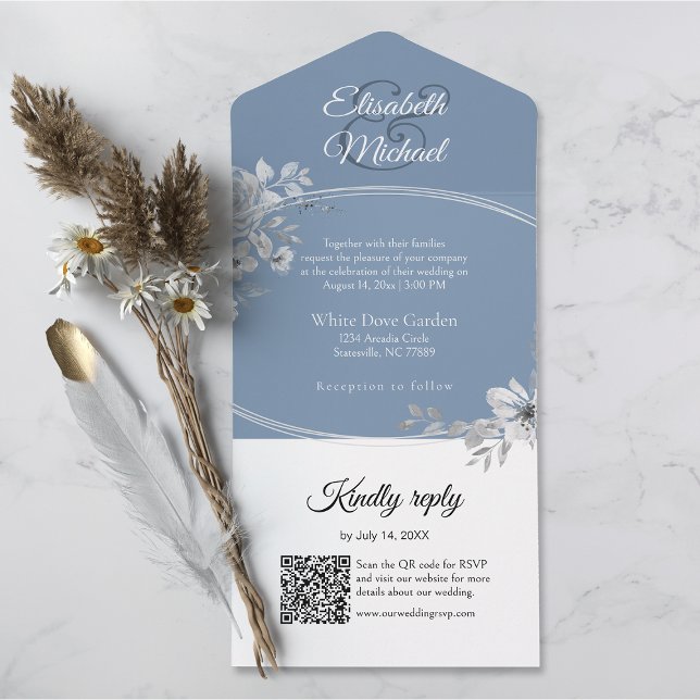 Elegant Dusty Blue QR Code Monogram Wedding RSVP All In One Invitation (All-in-one wedding invitation with QR code to RSVP - Simplify and save time for you and your guests.)