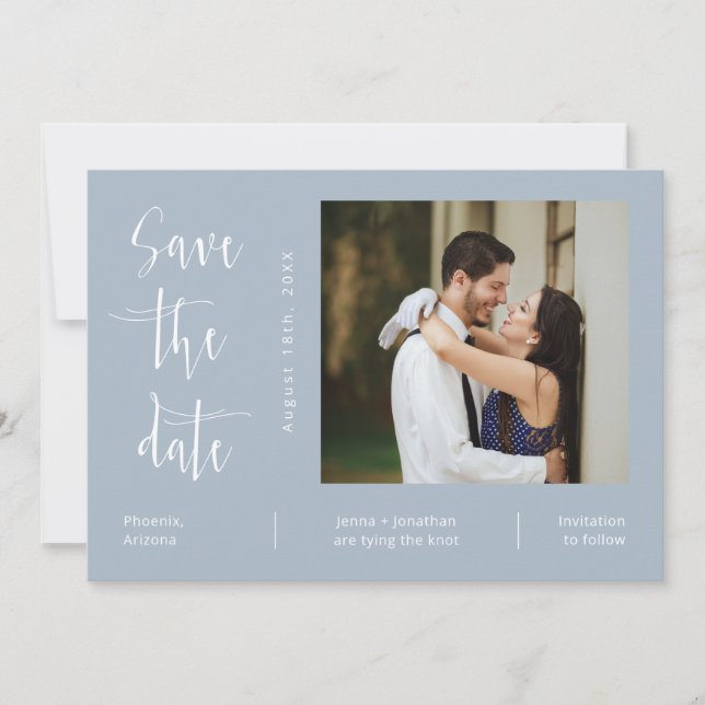Elegant Dusty Blue QR Code Photo Save the Date Invitation (Front)
