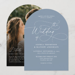 Elegant Dusty Blue QR Code Rsvp Photo Wedding Arch Invitation