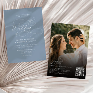 Elegant Dusty Blue QR Code Rsvp Photo Wedding Invitation