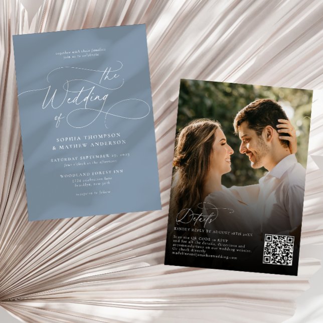 Elegant Dusty Blue QR Code Rsvp Photo Wedding Invitation (Creator Uploaded)