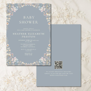 Elegant Dusty Blue QR Code Wildflower Baby Shower Invitation