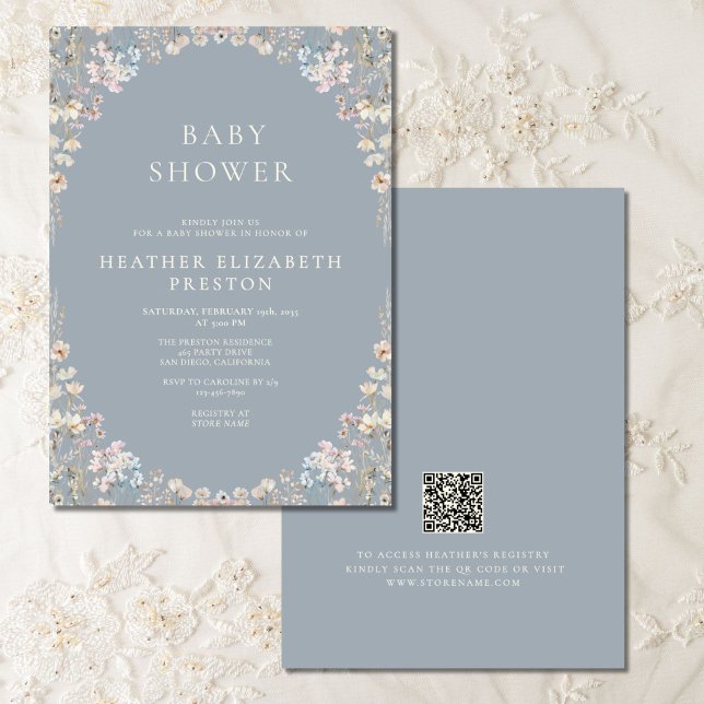 Elegant Dusty Blue QR Code Wildflower Baby Shower  Invitation (Creator Uploaded)