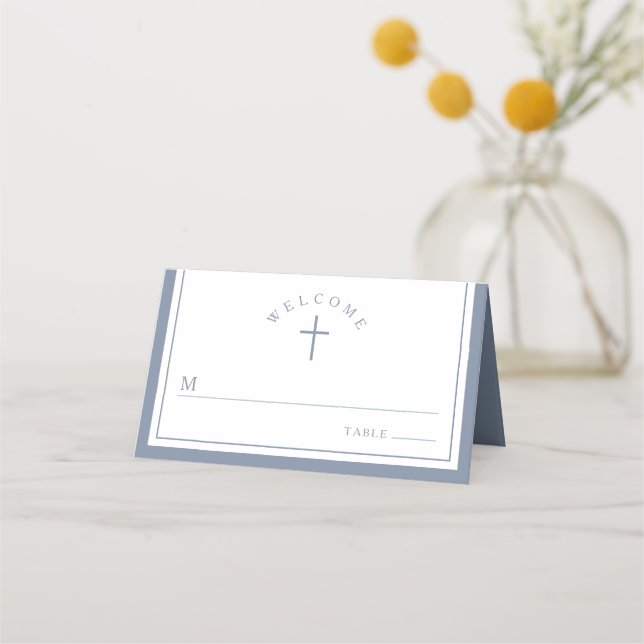 Elegant Dusty Blue Religious Boy Baptism Place Card (Front)
