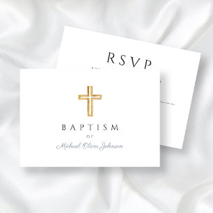 Elegant Dusty Blue Religious Cross Boy Baptism RSVP Card